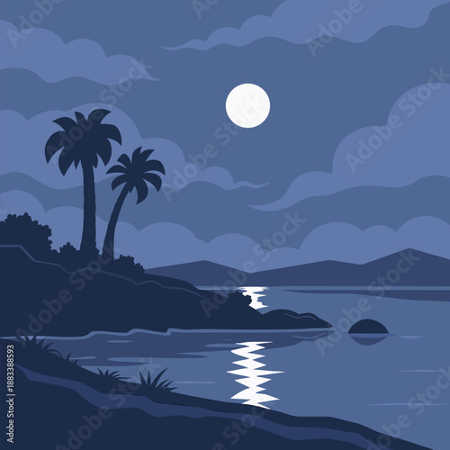 Moonlit Coastal Landscape Vector Illustration Night Scene