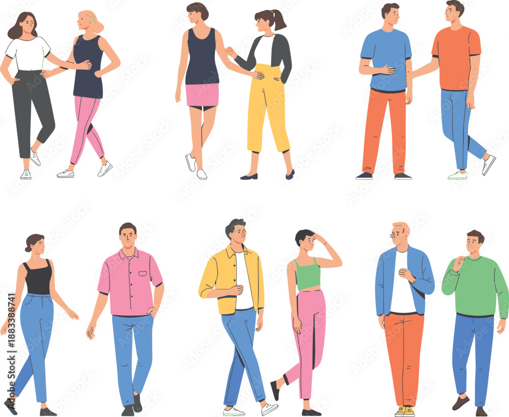 Fototapeta premium Walking people illustration, casual pair poses, social interaction vector, colorful character design, public behavior scene, friendship gesture icons