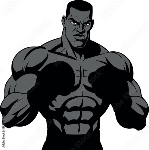 A powerful black male boxer illustration with a muscular physique and focused expression