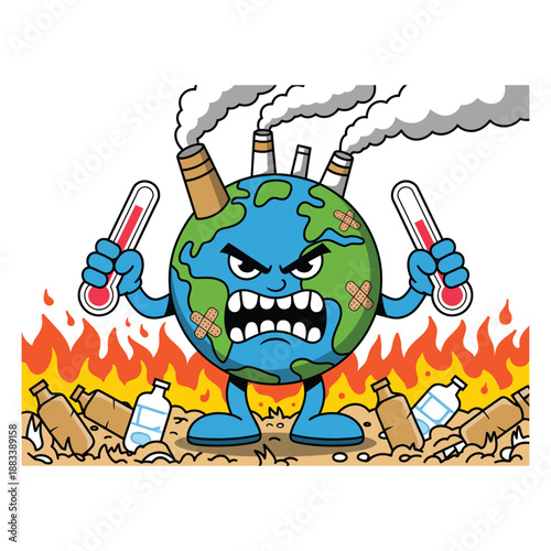 Angry Earth Character with Thermometers and Pollution 1