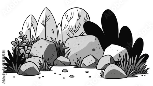 Monochromatic illustration of desert flora and rocks Vector