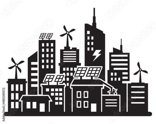 Sustainable Green City Skyline Silhouette with Wind Turbines and Solar Panels for Eco Friendly Urban Development