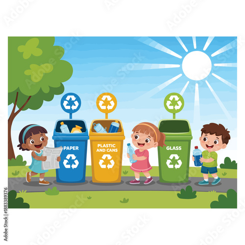 Children recycling paper plastic and glass in colorful bins under a sunny sky 1
