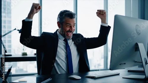 Successful senior executive celebrates major business victory with pumping fists while working at desktop computer in his high rise office