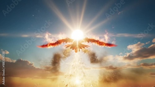 Fiery Phoenix Rising Over Glowing Sunrise.