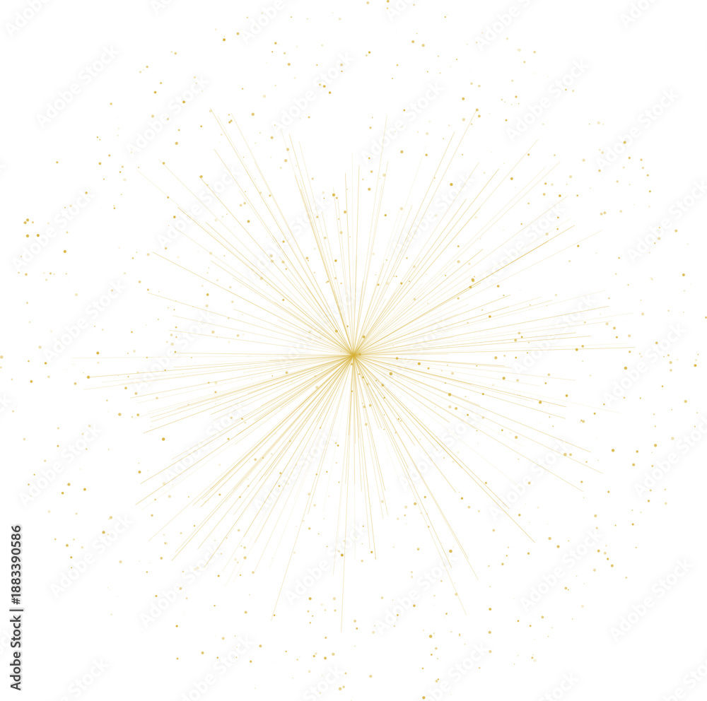 Obraz premium Abstract Golden Burst of Energy: A radiant and dynamic display of lines and dots emanates from a central point, symbolizing power, expansion, and infinite possibilities.