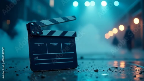 Cinematic Clapperboard in Film Studio with Smoke 