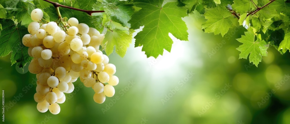 Obraz premium Clusters of green grapes hanging from a vine in a fruit orchard on a sunny spring day with bright leaves in the background