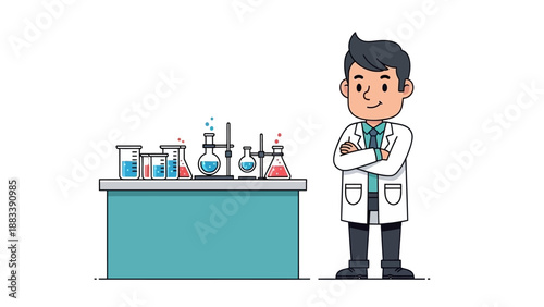 A scientist stands confidently in a laboratory setting surrounded by various scientific equipment