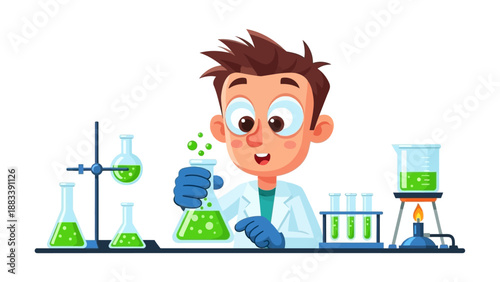 Young scientist conducting an experiment in a laboratory with various equipment and green chemicals