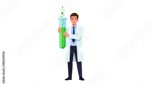 Scientist holding a large test tube with green liquid and bubbles