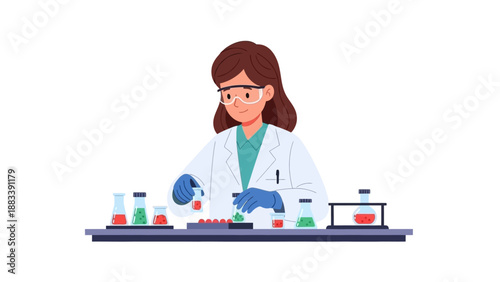 Scientist Conducting Experiment in Laboratory Setting with Various Equipment and Chemicals
