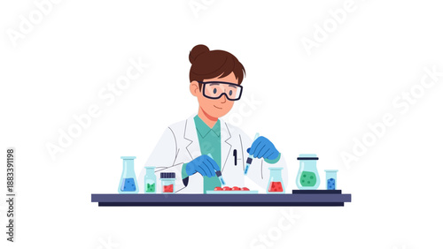 Scientist conducting an experiment in a laboratory setting with various equipment and chemicals