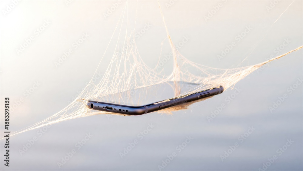 Obraz premium A smartphone entangled in a spider web suspended over calm water. The scene evokes feelings of vulnerability and the fragility of technology.