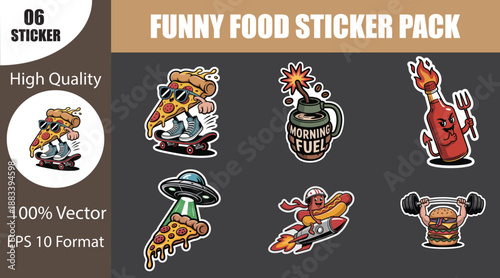 Funny Fast Food Sticker Pack. Retro Cartoon Mascot Characters Vector Set. Pizza Skater, Muscle Burger, Rocket Hotdog, and UFO Slice Collection.