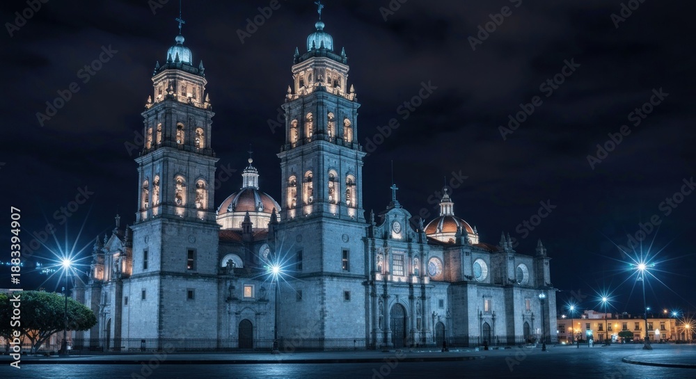 Obraz premium Majestic cathedral lit at night, towering against a dark, starry sky