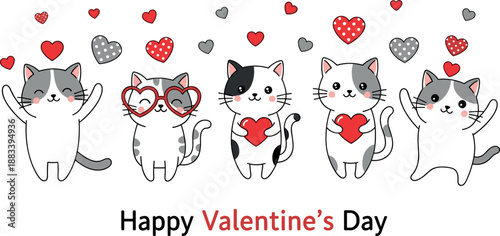 Cute cartoon cats with hearts, Valentine’s Day greeting, festive love illustration, cheerful feline design, romantic celebration, playful holiday art, sweet emotional message