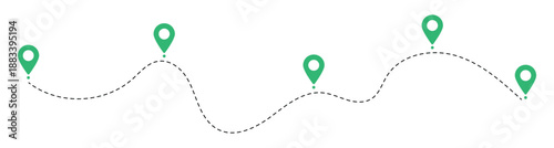 Route icon between 5 points with dotted path and location pin.  isolated on white background. Travel vector icon. Vector illustration.
