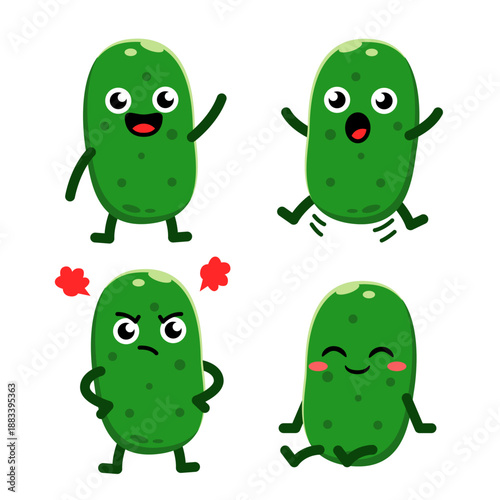Set of cute pickle character cartoons in various poses. Suitable for stickers and other uses.