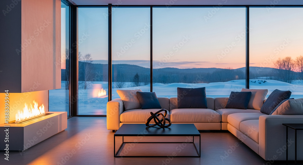 Naklejka premium Living room interior featuring a modern fireplace, sofa, and expansive window view of a snowy landscape, representing comfort and contemporary design