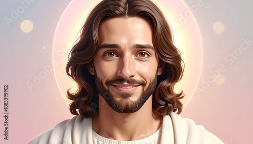 Cute Close Up Portrait of Jesus Christ with Gentle Smile and Soft Devotional Light