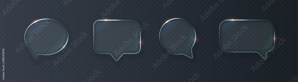 Fototapeta premium Collection of glass speech bubbles for messages with bright highlights isolated on a dark background.