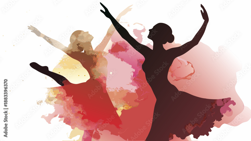 Naklejka premium Dancers in motion abstract composition with colorful background and silhouettes