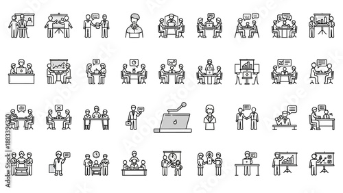 A collection of 36 simple line drawings of people in various occupations and activities