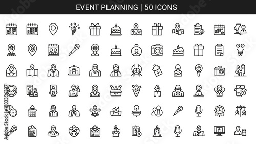 Event planning icons set for organization and coordination