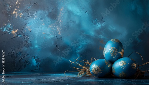 Shiny blue Panoramic festive banner featuring textured background and gold-accented Easter eggs