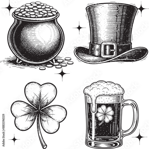A collection of St. Patrick's Day symbols including a pot of gold, top hat, shamrock, beer mug, and festive decorations.  vintage engraved style illustration