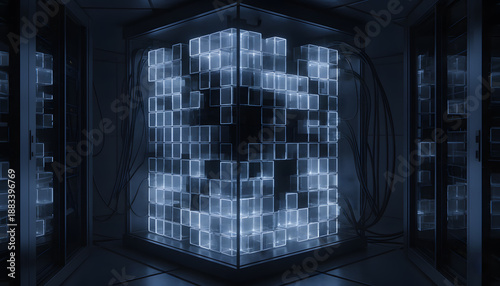 Data loss visualization in server room, fragmented digital storage blocks, concept of missing information in data center systems