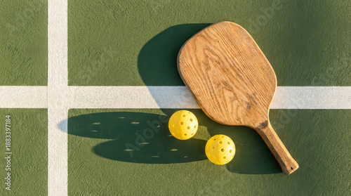 Wooden Pickleball Paddle With Yellow Balls On Green Outdoor Court Wooden Pickleball Paddle
