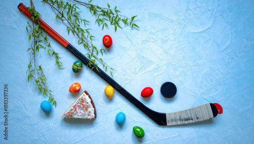 A hockey stick placed on a blue textured surface surrounded by colorful Easter eggs and a slice of cake. Festive celebration concept.