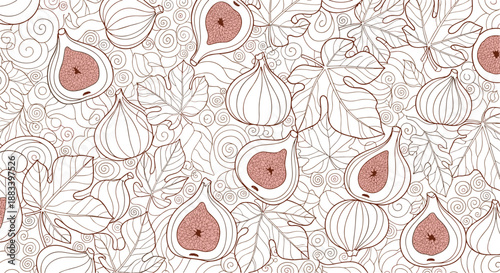 Detailed seamless pattern featuring sliced pink figs and large leaves on a background of swirling decorative patterns for textiles.