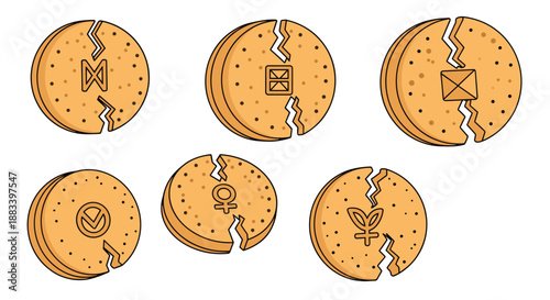 Set of five round brown cookies with cracks and ancient runic or geometric symbols on them isolated on white background illustration.