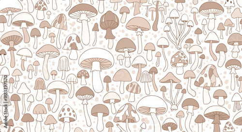 Detailed seamless pattern of various mushrooms in light brown and beige tones on a white background for autumn nature designs.