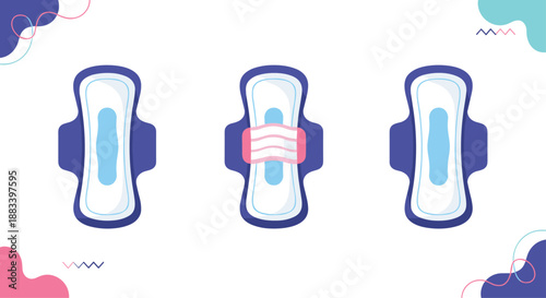 Set of three menstrual pads in different styles shown on a decorative background with colorful abstract shapes and lines design.