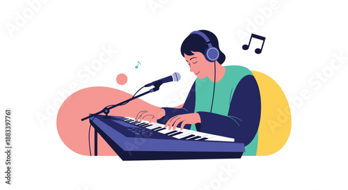 Musician playing a digital keyboard and singing into a microphone with headphones on in a creative and colorful artistic setting with notes.