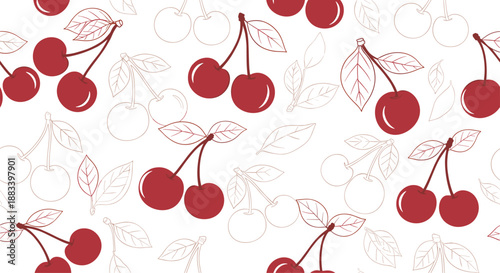 Playful seamless pattern featuring red cherries on stems with green leaves and light-colored outlines on a white background for kitchen decor.