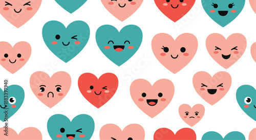 Cheerful seamless pattern of various heart characters with different funny facial expressions in shades of pink, red, and teal for kids design.
