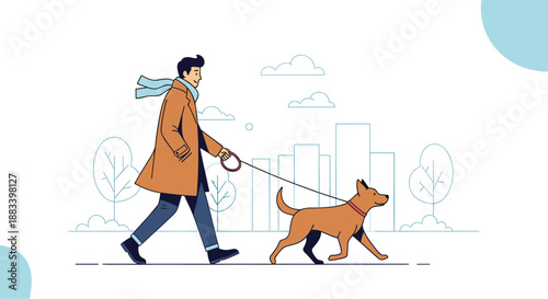 Casual man wearing a warm coat and scarf walks his dog through a peaceful city park with modern buildings in the background.