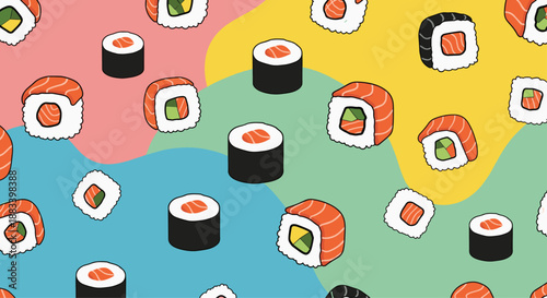 Vibrant seamless pattern features various types of sushi and rolls over a colorful background of abstract pink, yellow, and blue.