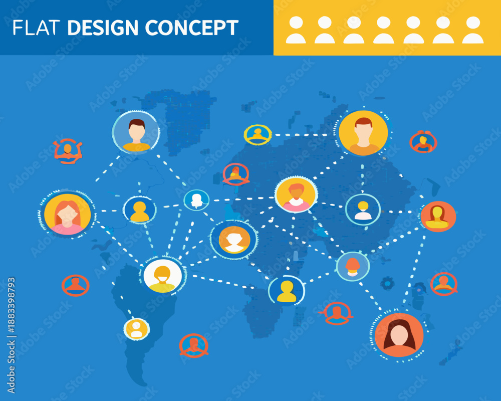 Naklejka premium flat design concept featuring a world map and interconnected user profiles