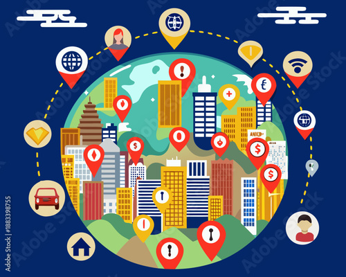 a vibrant illustration depicting a global network with cityscapes and diverse icons