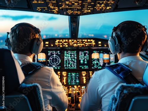 Flight operations pilots in cockpit airplane interior evening close-up view aviation expertise