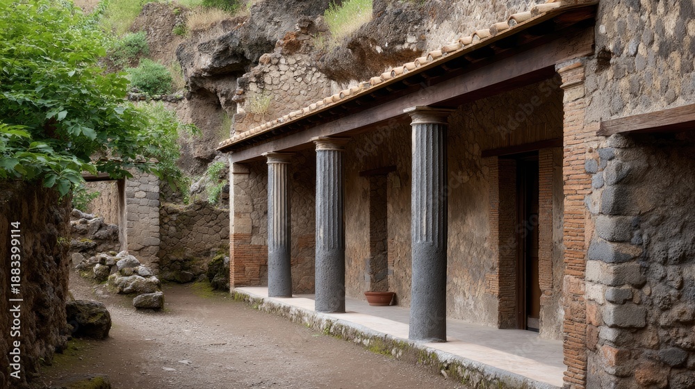 Fototapeta premium Exploring the exterior wall and columns of an ancient roman house in pompeii showing how people lived during that time