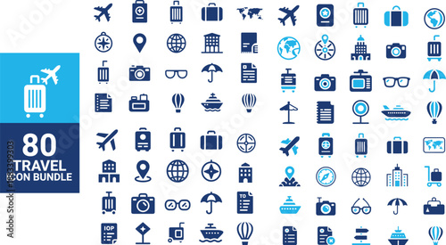 A collection of travel icons depicting various modes of transport and travel essentials
