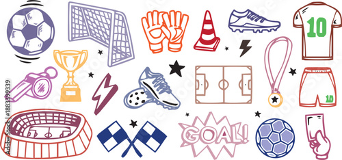 Vector football illustration set with soccer ball, goal, jersey, boots, gloves, trophy, stadium, medal, and field. Perfect for t-shirts, posters, stickers, sports graphics, and merchandise