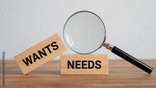 Magnifying glass examining the difference between wants and needs using wooden blocks with clear bold text emphasizing consumer decision making concepts